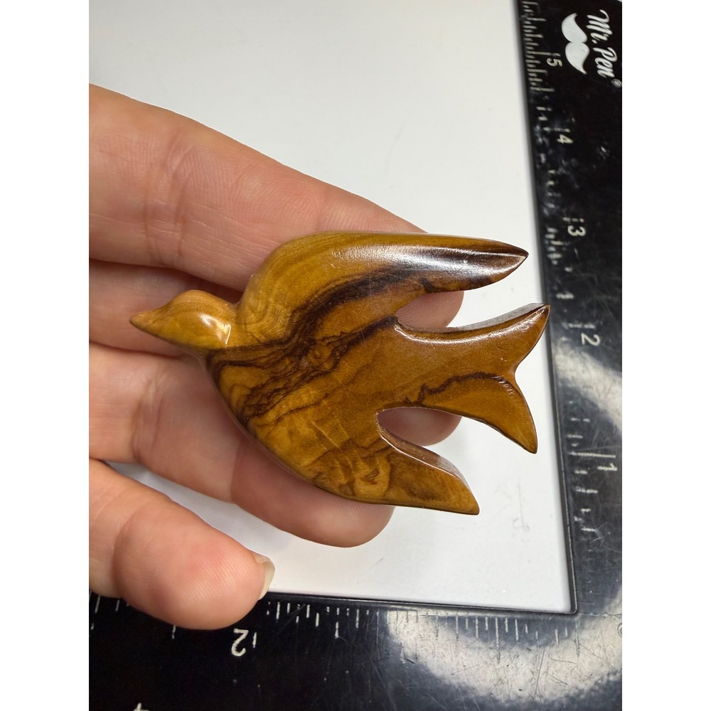 Hand Carved Olive Wood Bird Brooch Swallow Dove Nature Pin Brown Grain